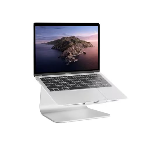 White laptop stand supporting a laptop, side view with screen raised