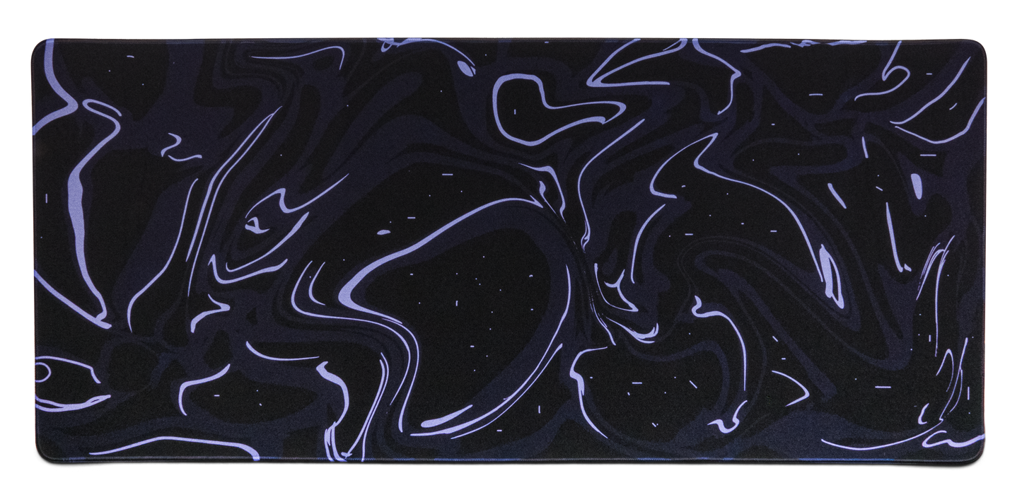 Dark desk mat with blue-purple marble swirl pattern and thin stitched border