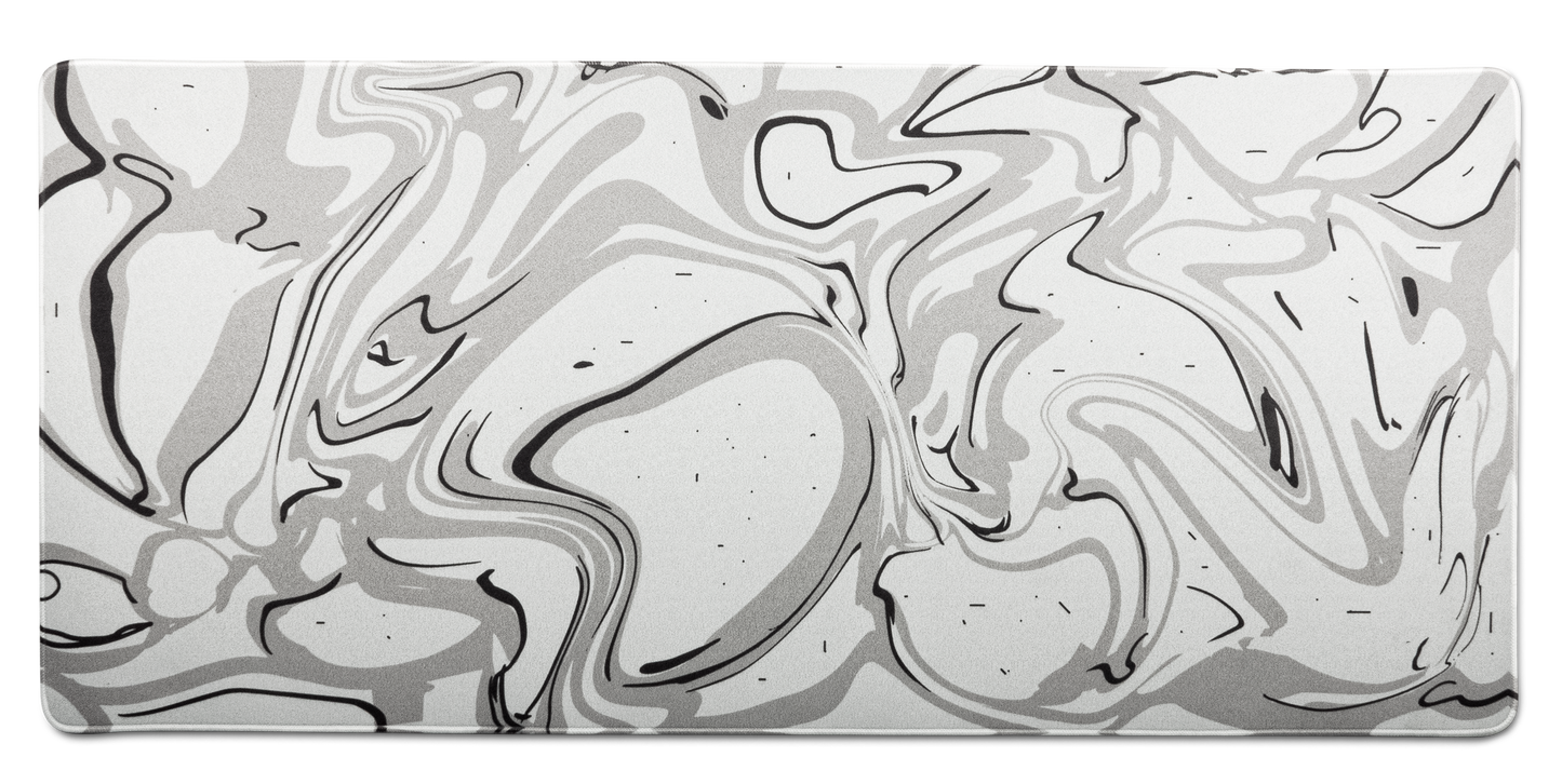 Light gray desk mat with white marble swirl pattern and thin stitched border