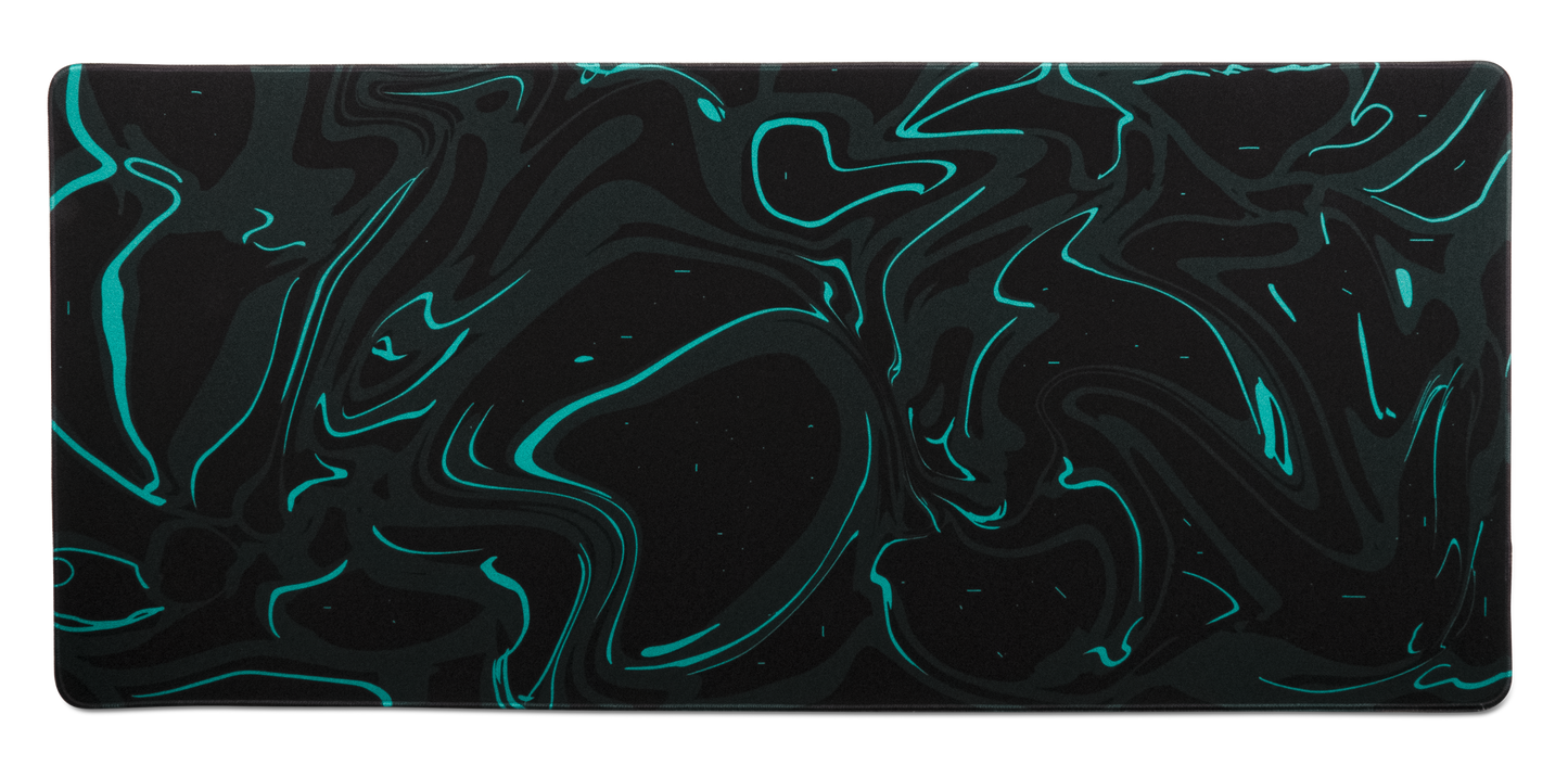 Black desk mat with teal marble swirl pattern and thin stitched border