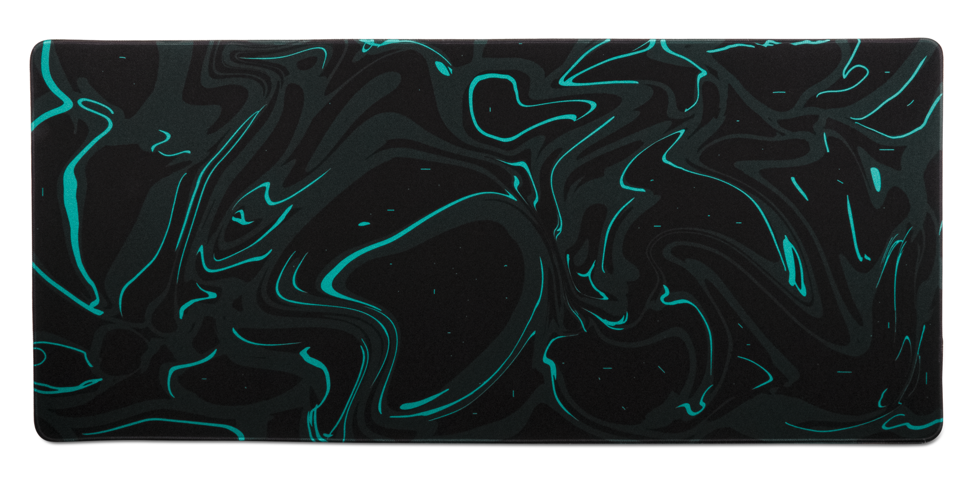 Black desk mat with teal marble swirl pattern and thin stitched border