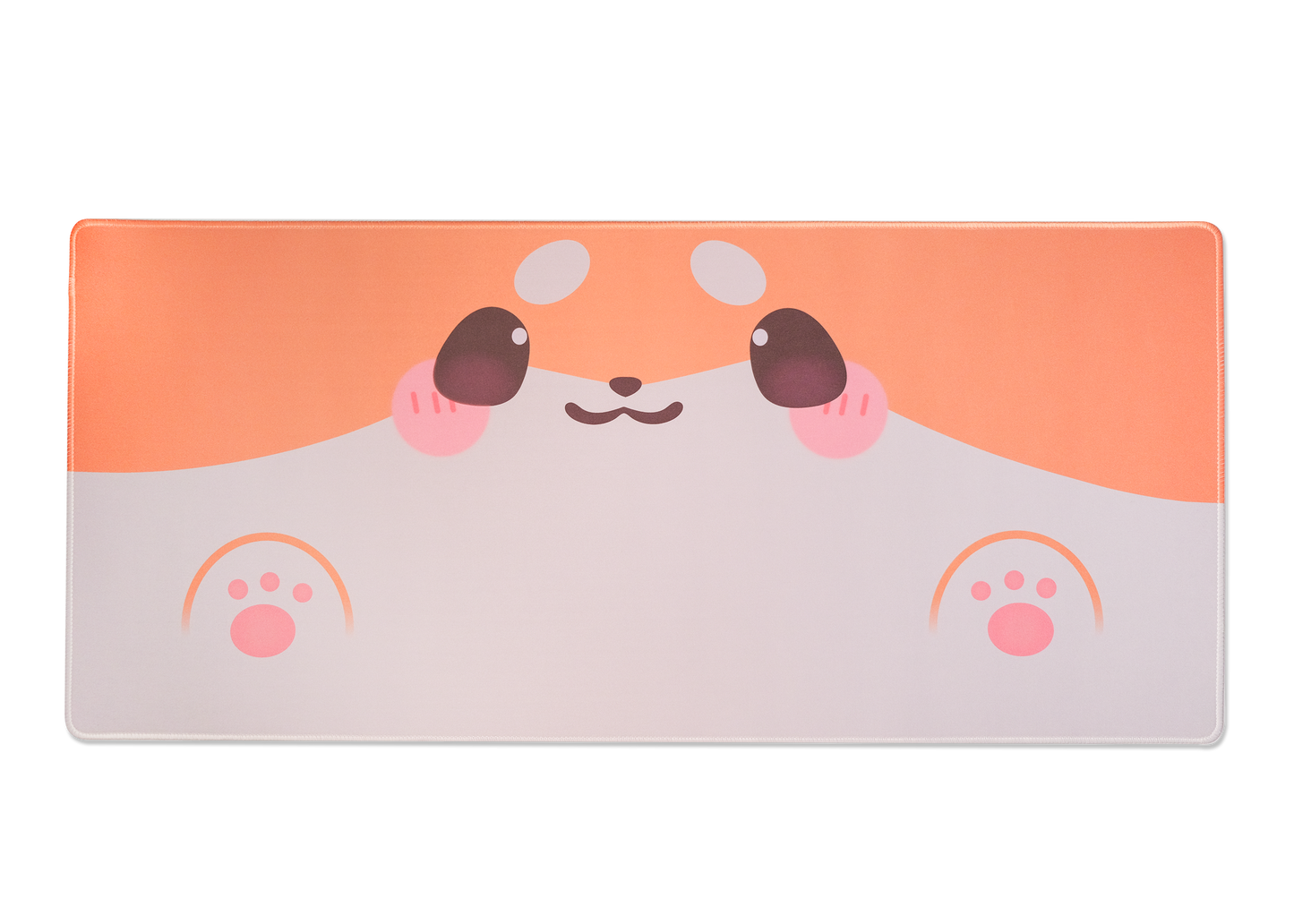 Shiba dog desk mat with centered smiling dog face and pink paw-print icons