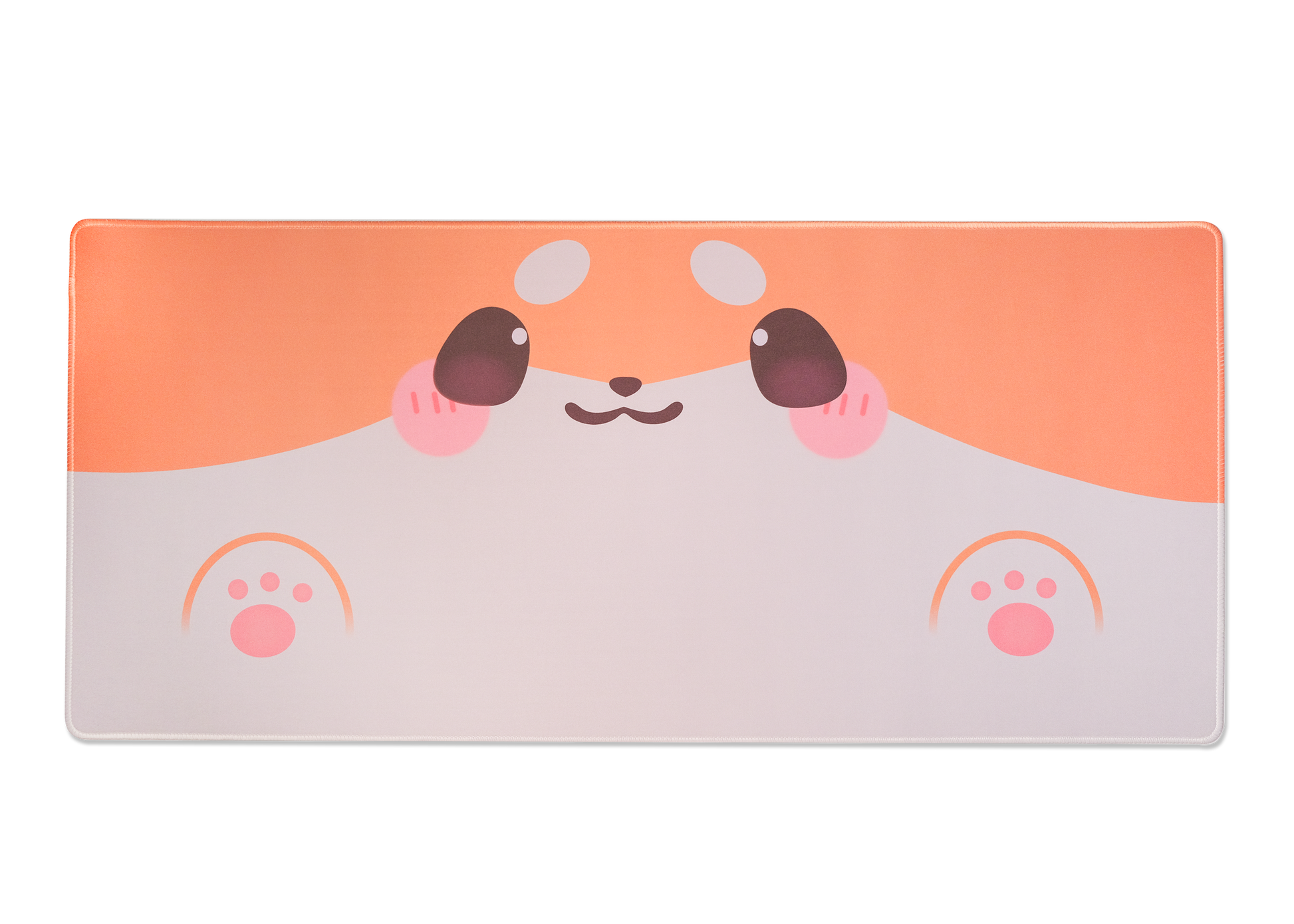 Shiba dog desk mat with centered smiling dog face and pink paw-print icons