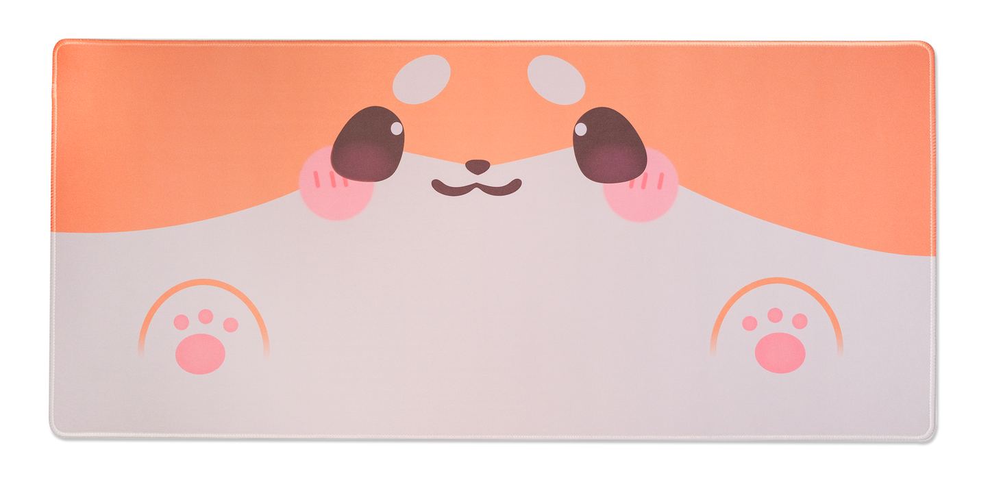 Shiba dog desk mat with symmetrical dog face and paw-print icons, orange border