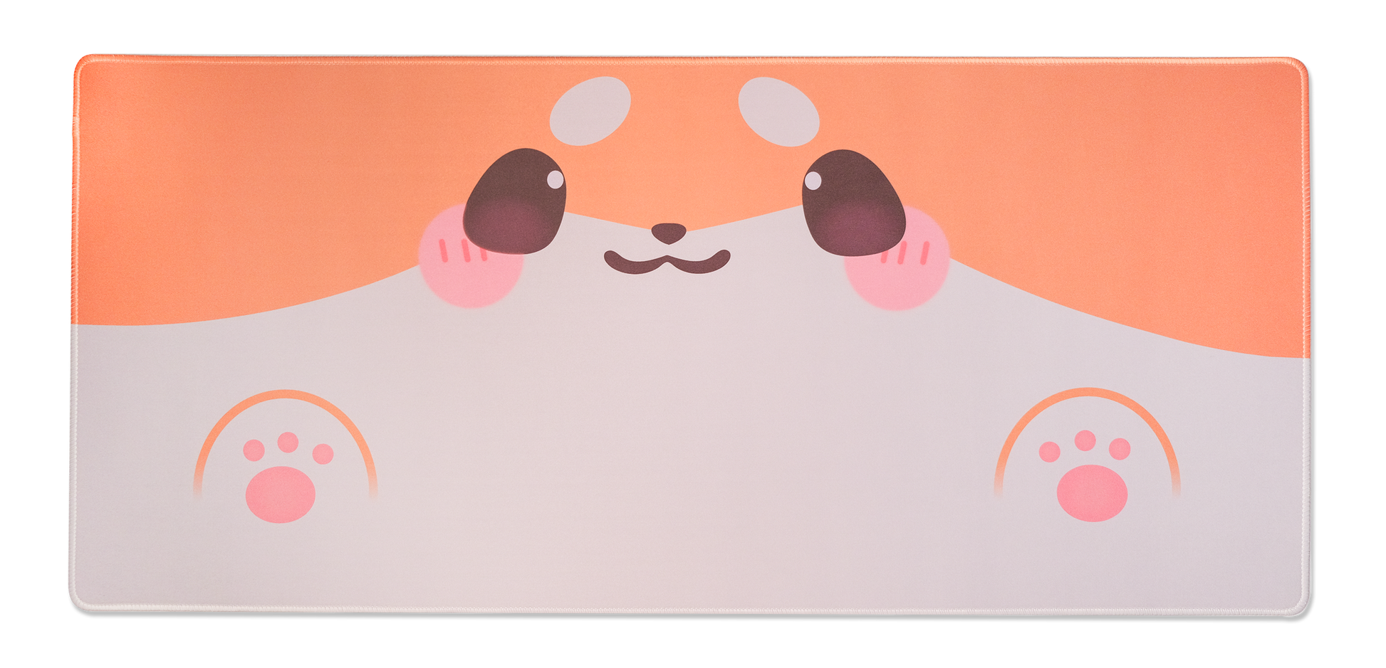 Shiba dog desk mat with symmetrical dog face and paw-print icons, orange border