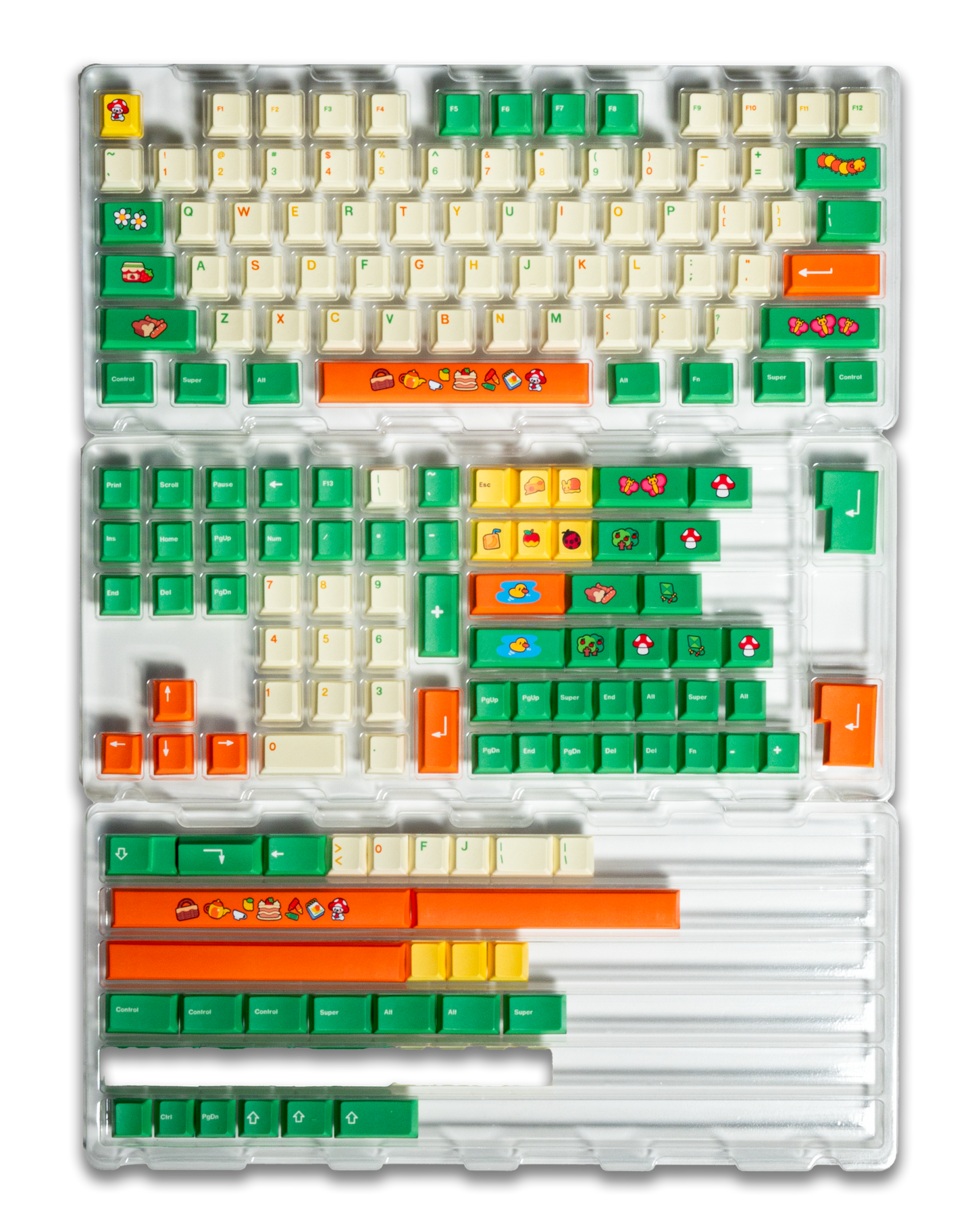 Keycap set on clear tray with cream, green, and orange keycaps and labeled legends