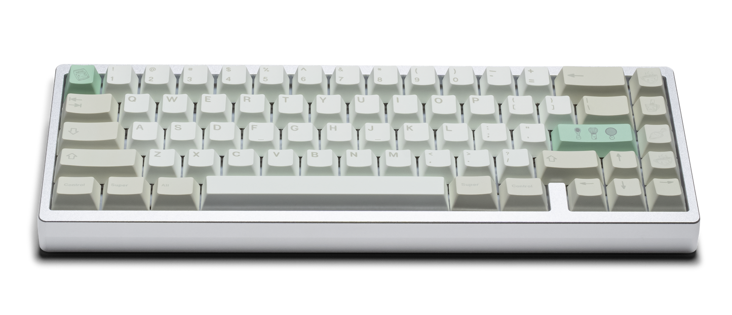 Matcha PBT keyboard keycaps set on a white keyboard frame, with green accent keys