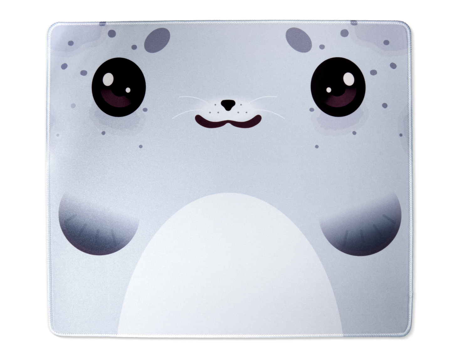 Cute seal desk mat with big eyes and smiling nose, light blue and white design