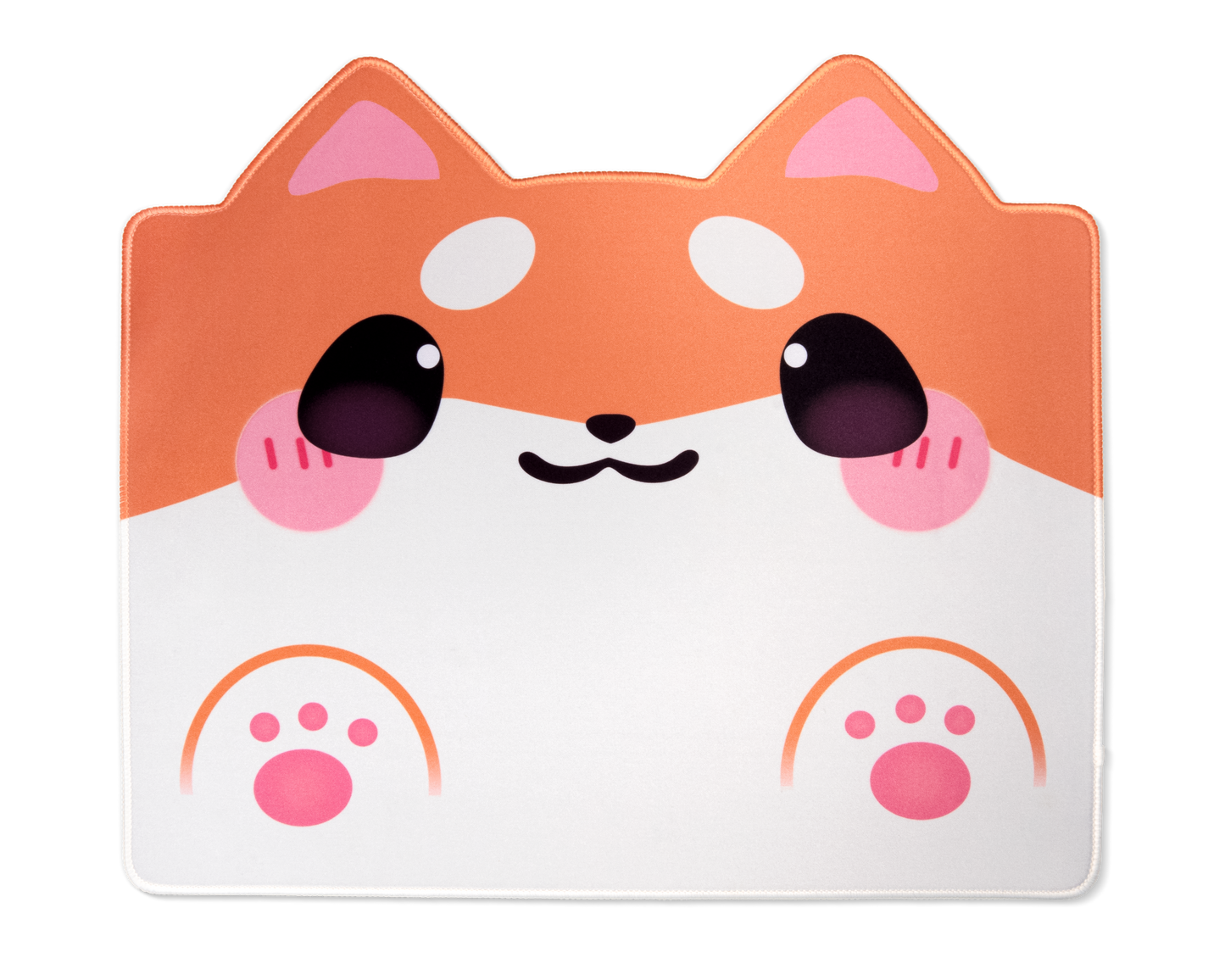 Shiba dog desk mat close-up with smiling face and pink paw-print icons