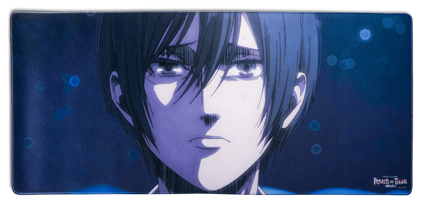 Desk mat featuring a front-facing anime portrait with gray hair and bright eyes