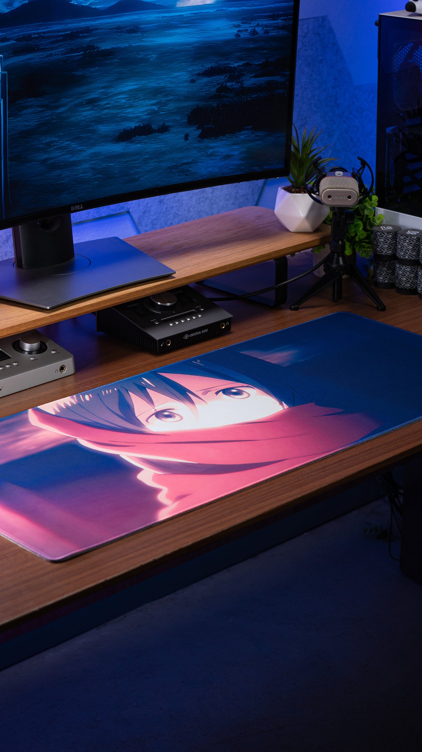 Anime desk mat with character face and bright magenta lightning effect