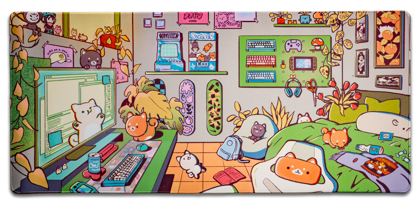 Colorful cartoon desk mat with mice, cats, and computer graphics in a room scene