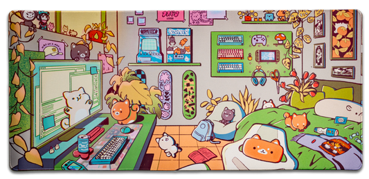 Colorful cartoon desk mat with mice, cats, and computer graphics in a room scene