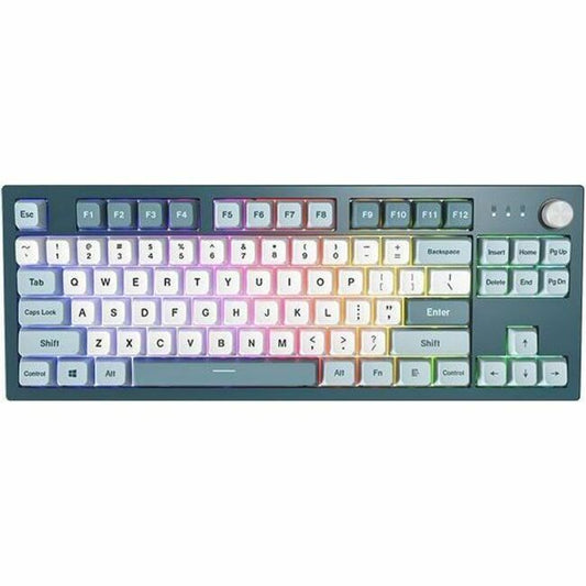 Gaming keyboard with teal frame, white keycaps, colorful backlit accents, and function keys