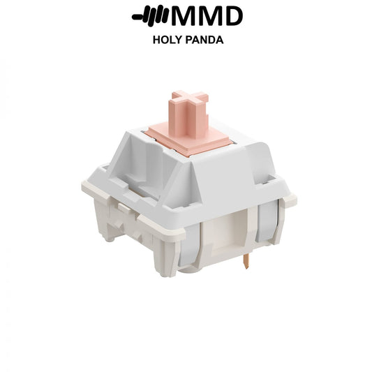 MMD Holy Panda mechanical switch with peach stem and white housing, angled view