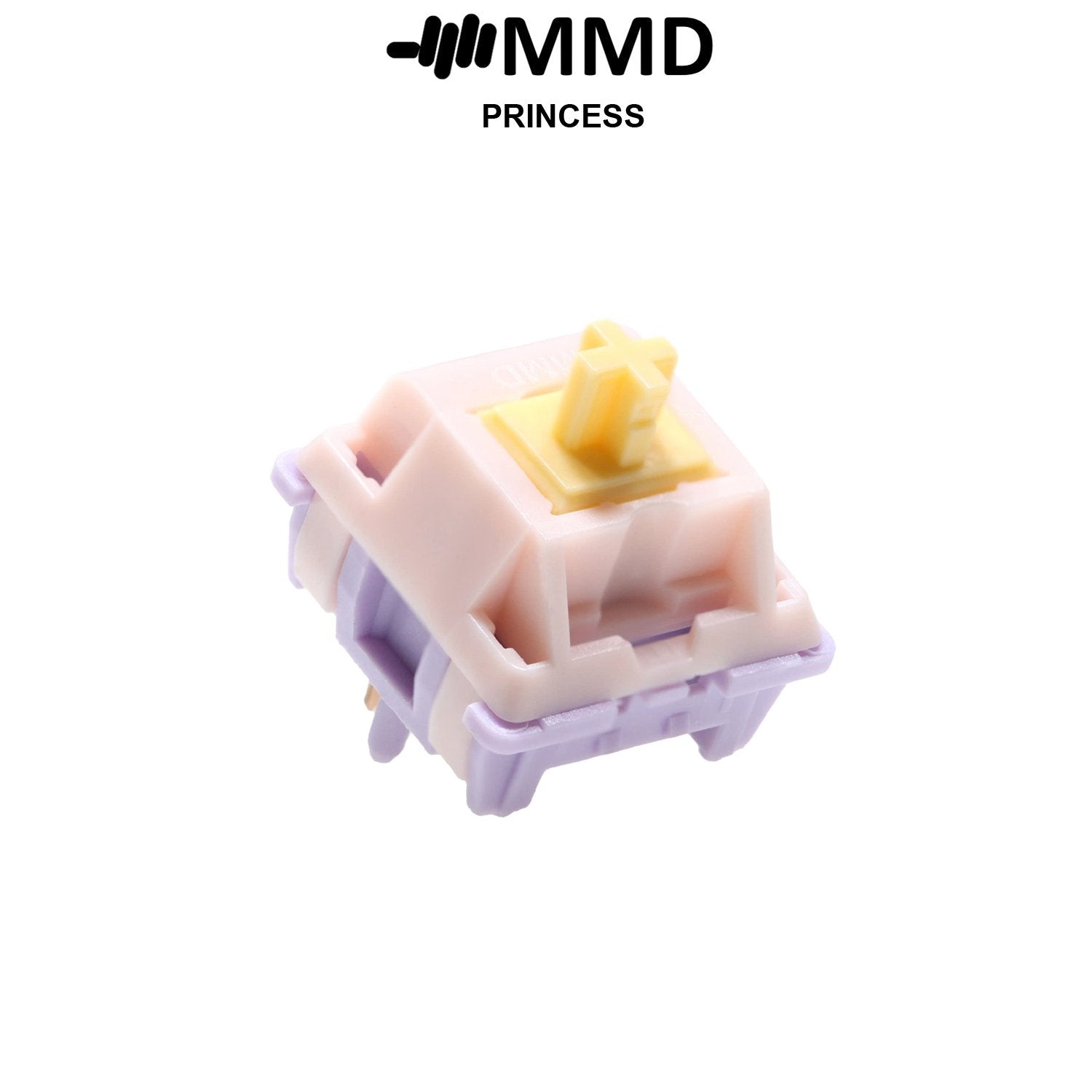 Keyboard switch with light pink housing, purple base, yellow stem