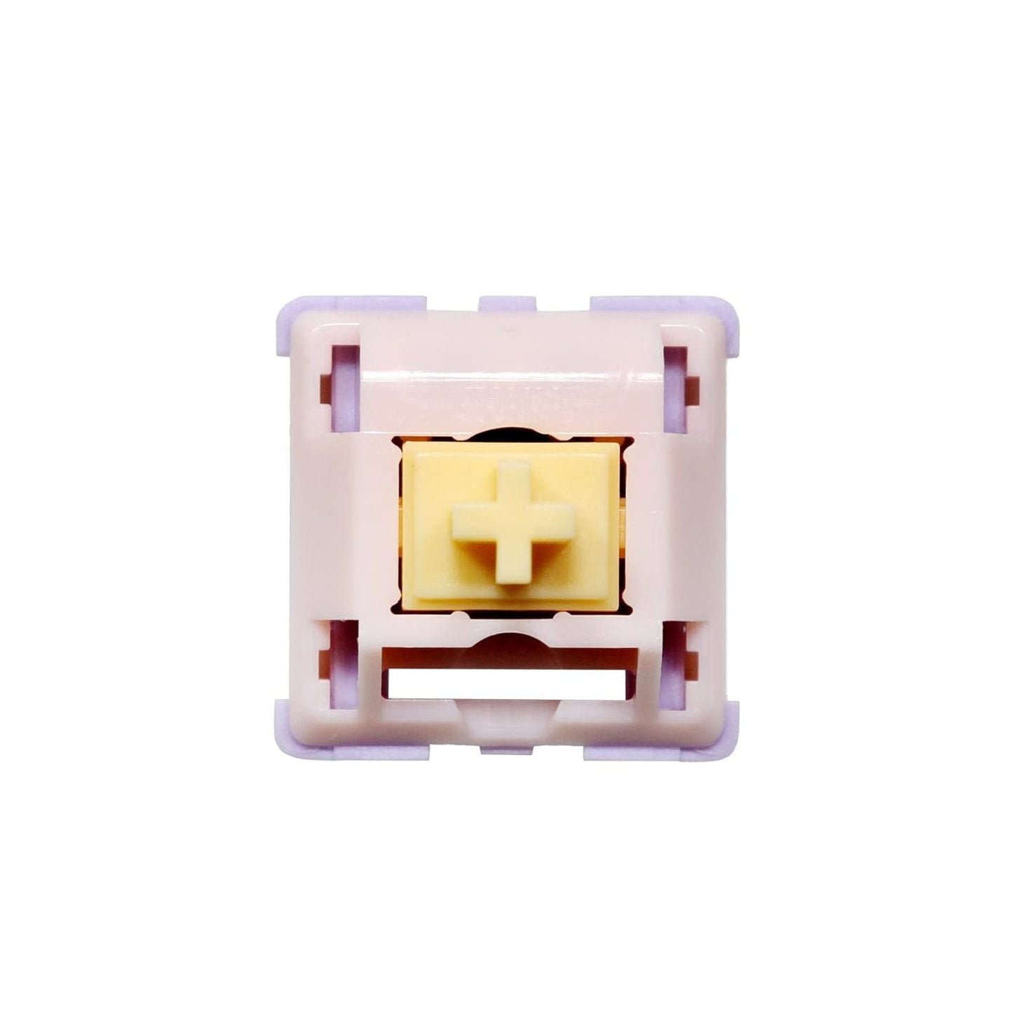 Keyboard switch interior view with pale frame and yellow cross stem