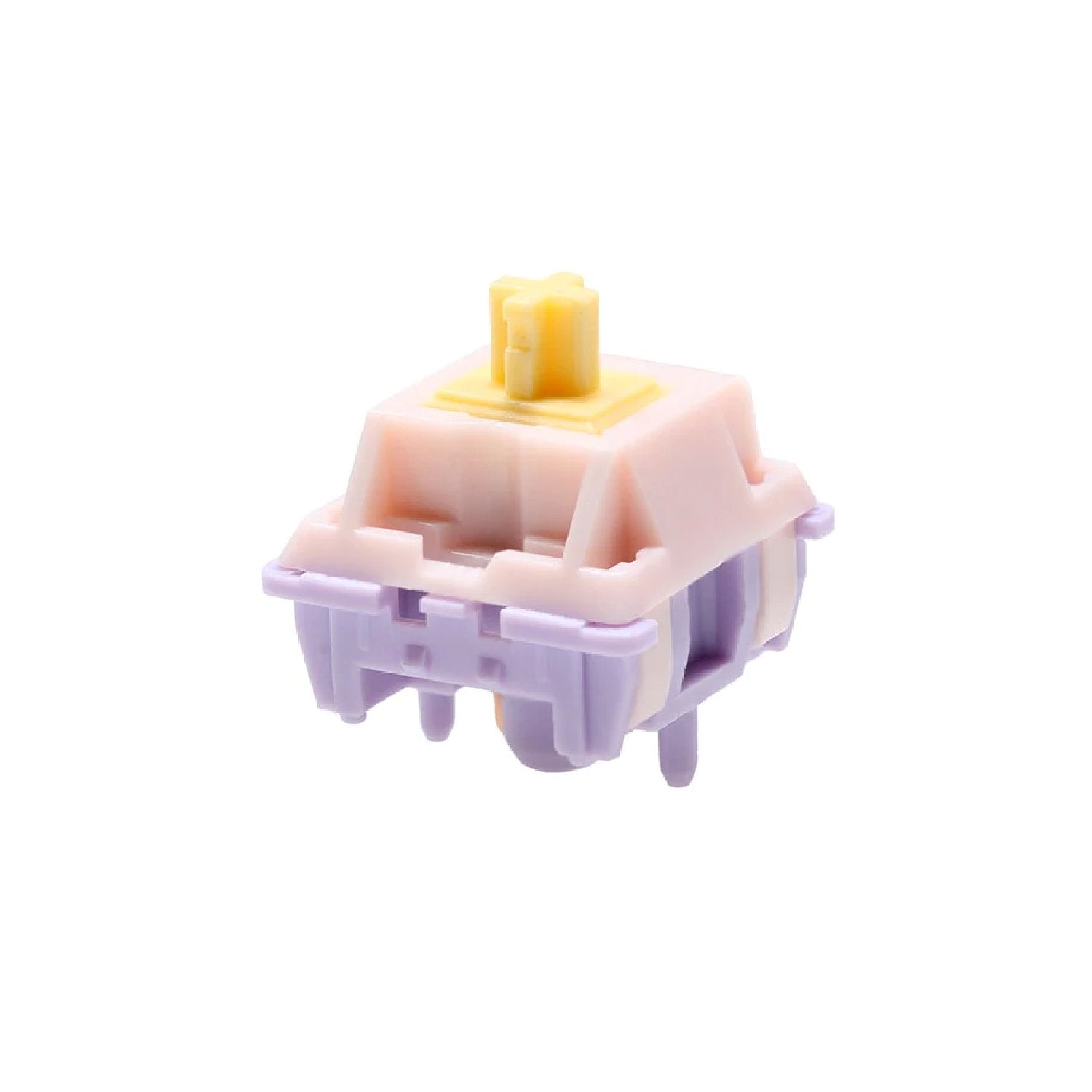 Keyboard switch top view with pale pink housing and yellow stem