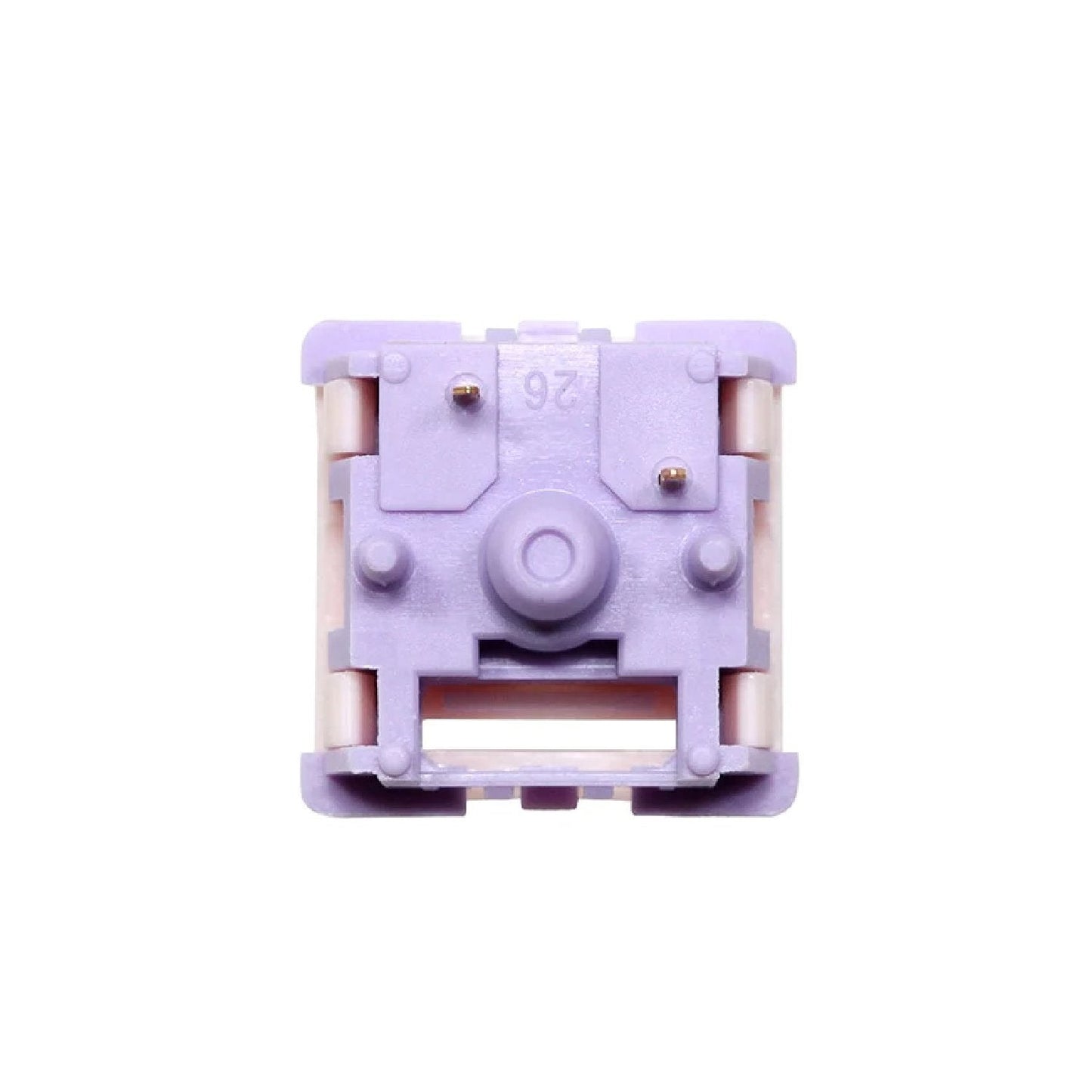 Keyboard switch front view with lavender housing and metal contact pins