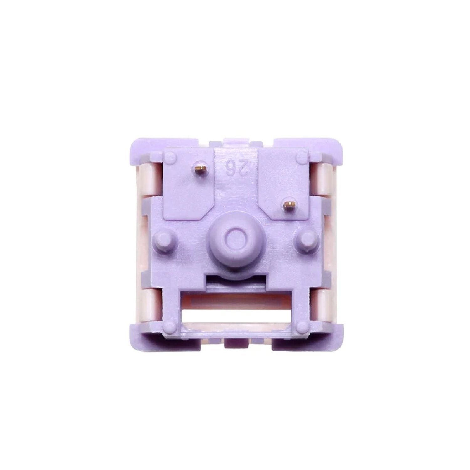 Keyboard switch front view with lavender housing and metal contact pins