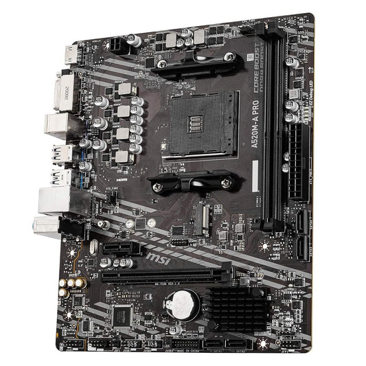 MSI A520M-A PRO gaming motherboard with CPU socket and PCIe slot visible
