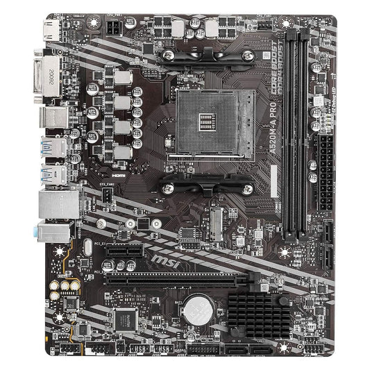 MSI A520M-A PRO gaming motherboard, rear I/O and DDR4 memory area shown