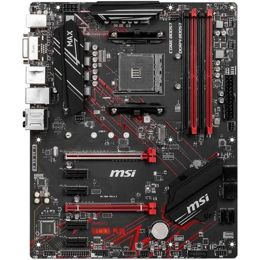 ATX motherboard PCB with black heatsink and red RAM slots, MSI branding