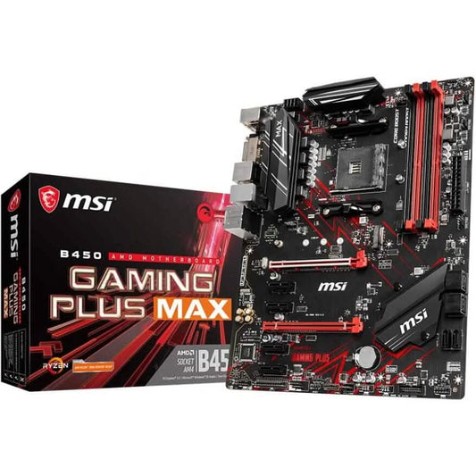 ATX motherboard box and PCB, black with red MSI Gaming Plus MAX design