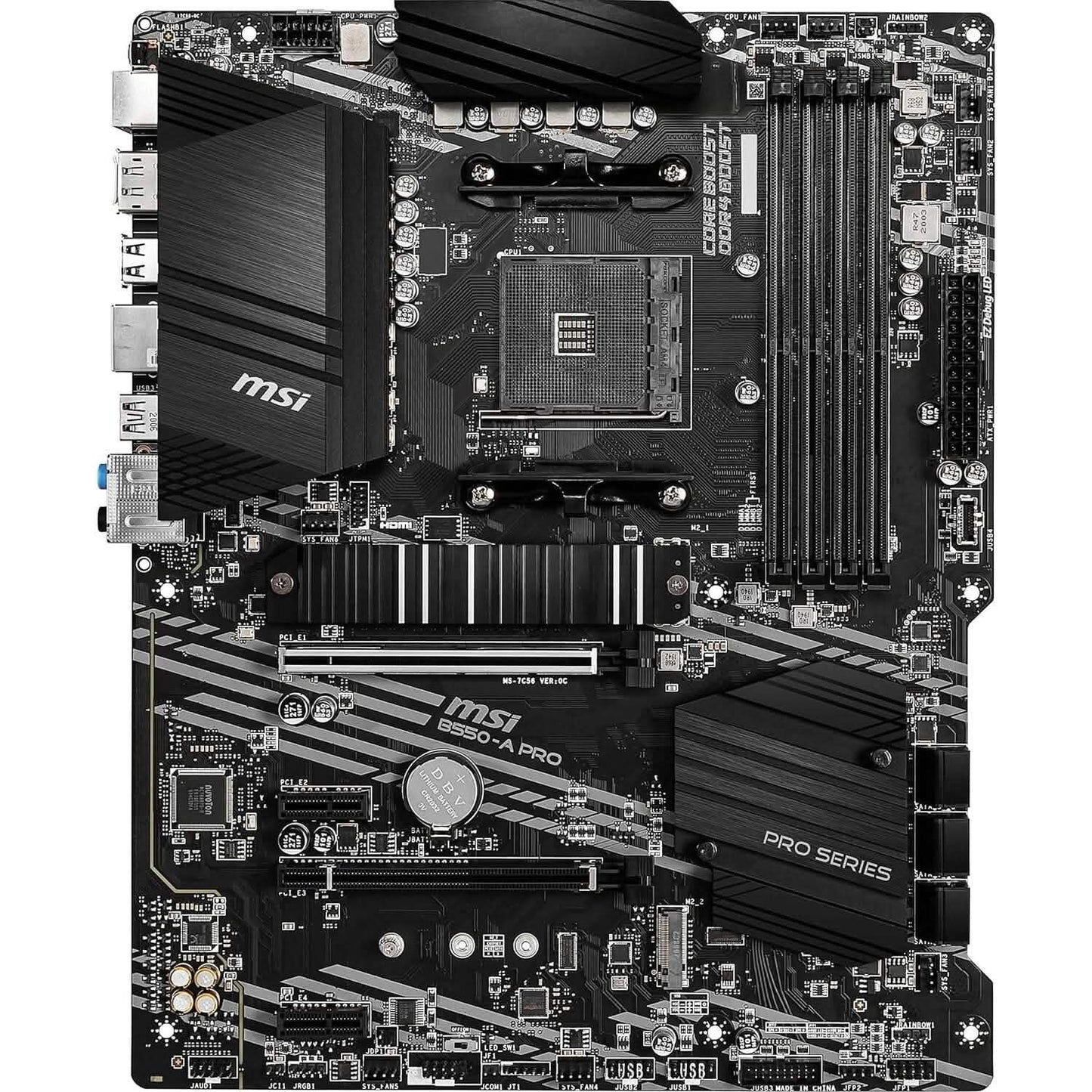MSI B550-A PRO motherboard rear view with expansion slots and dark heatsink panels