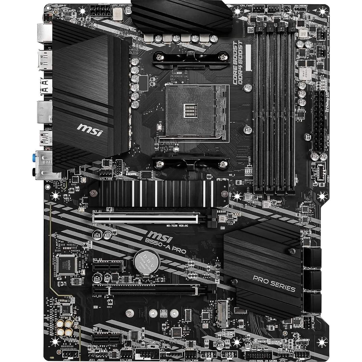 MSI B550-A PRO motherboard rear view with expansion slots and dark heatsink panels