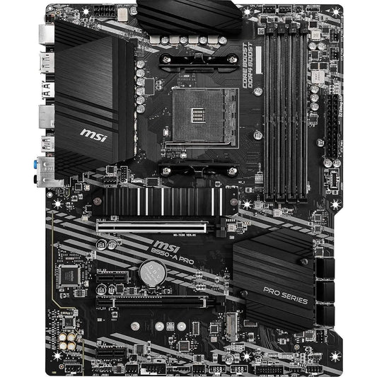 MSI B550-A PRO motherboard rear view with expansion slots and dark heatsink panels