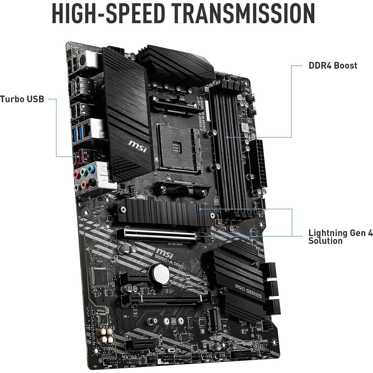 MSI B550-A PRO motherboard with black heatsinks, DDR4 slot area, and PCIe slot strip