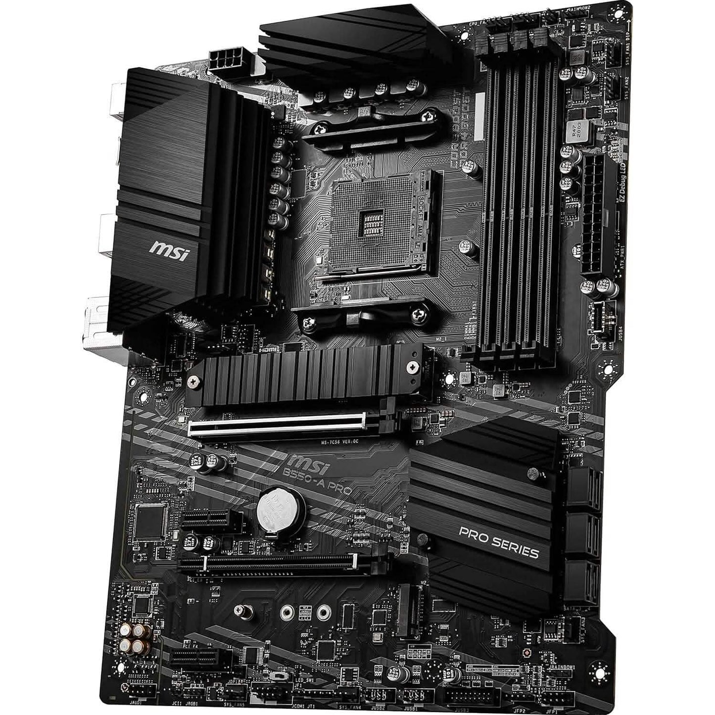 MSI B550-A PRO motherboard angled front view with CPU socket area and DDR4 slots