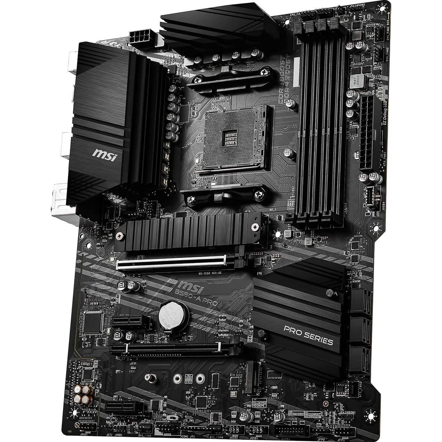MSI B550-A PRO motherboard angled front view with CPU socket area and DDR4 slots