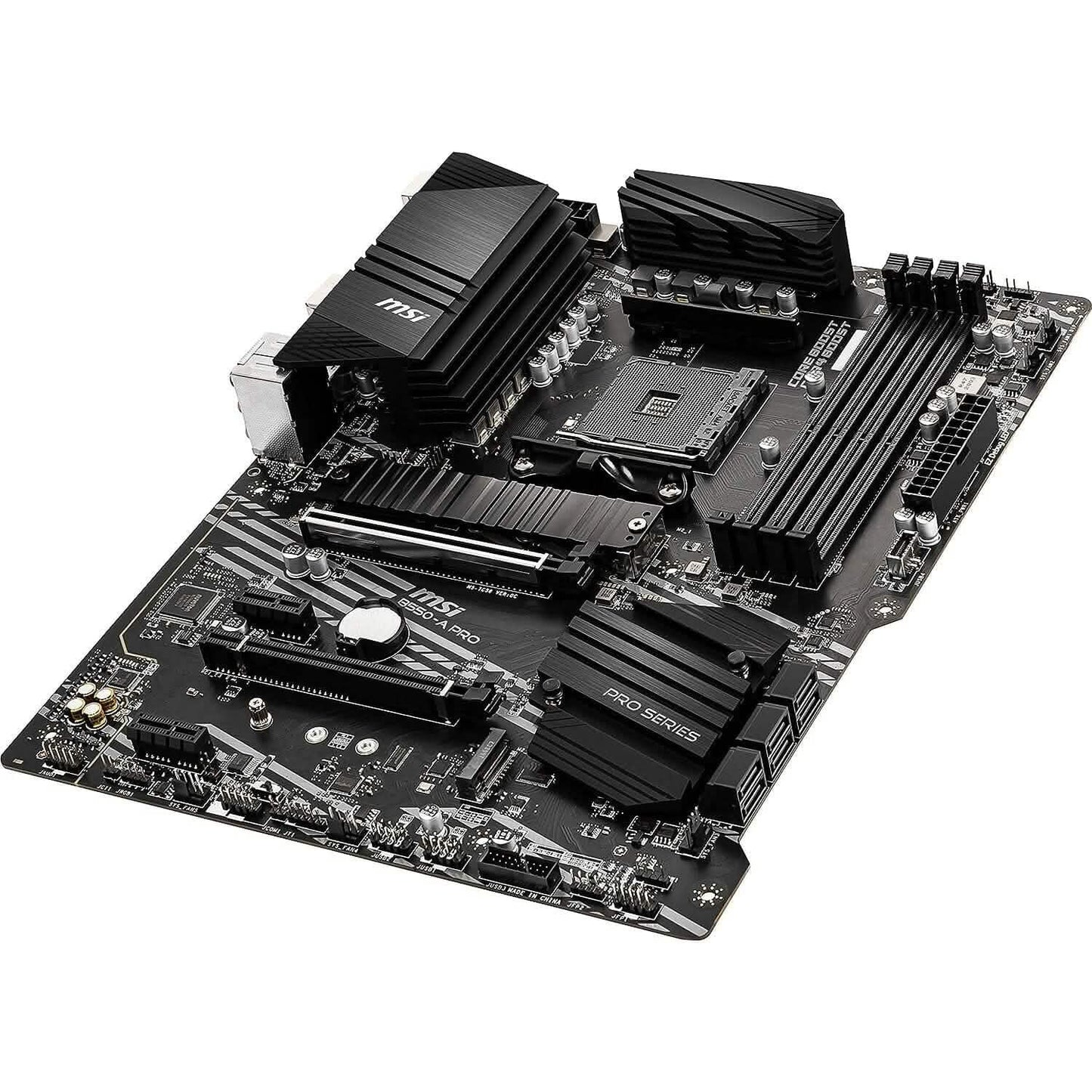 MSI B550-A PRO motherboard top view with black VRM heatsinks and PCIe slot cover