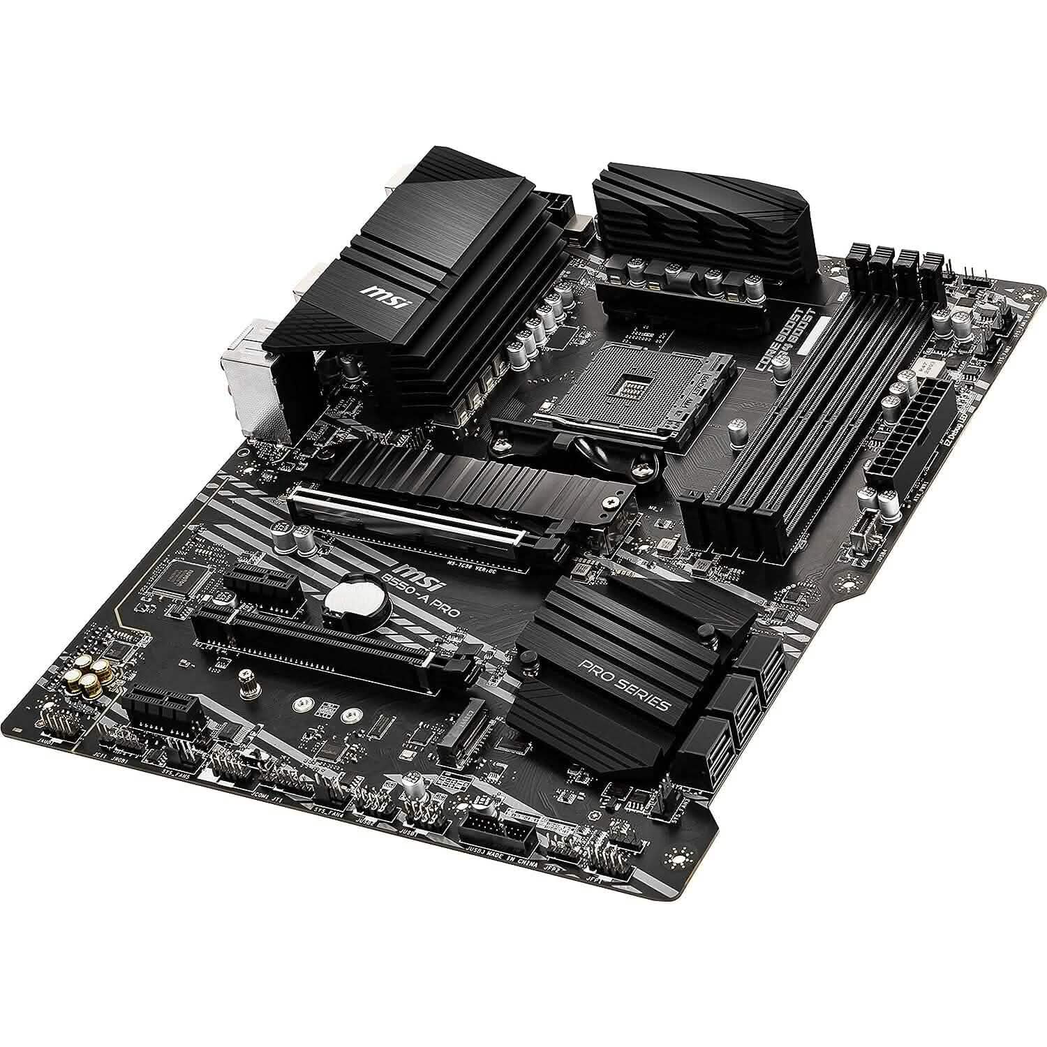 MSI B550-A PRO motherboard top view with black VRM heatsinks and PCIe slot cover