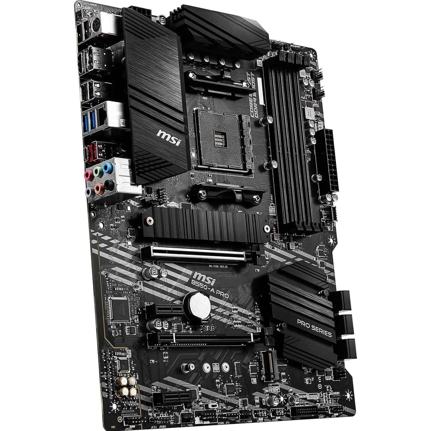 MSI B550-A PRO motherboard I/O side with colored audio ports and HDMI/DP connectors