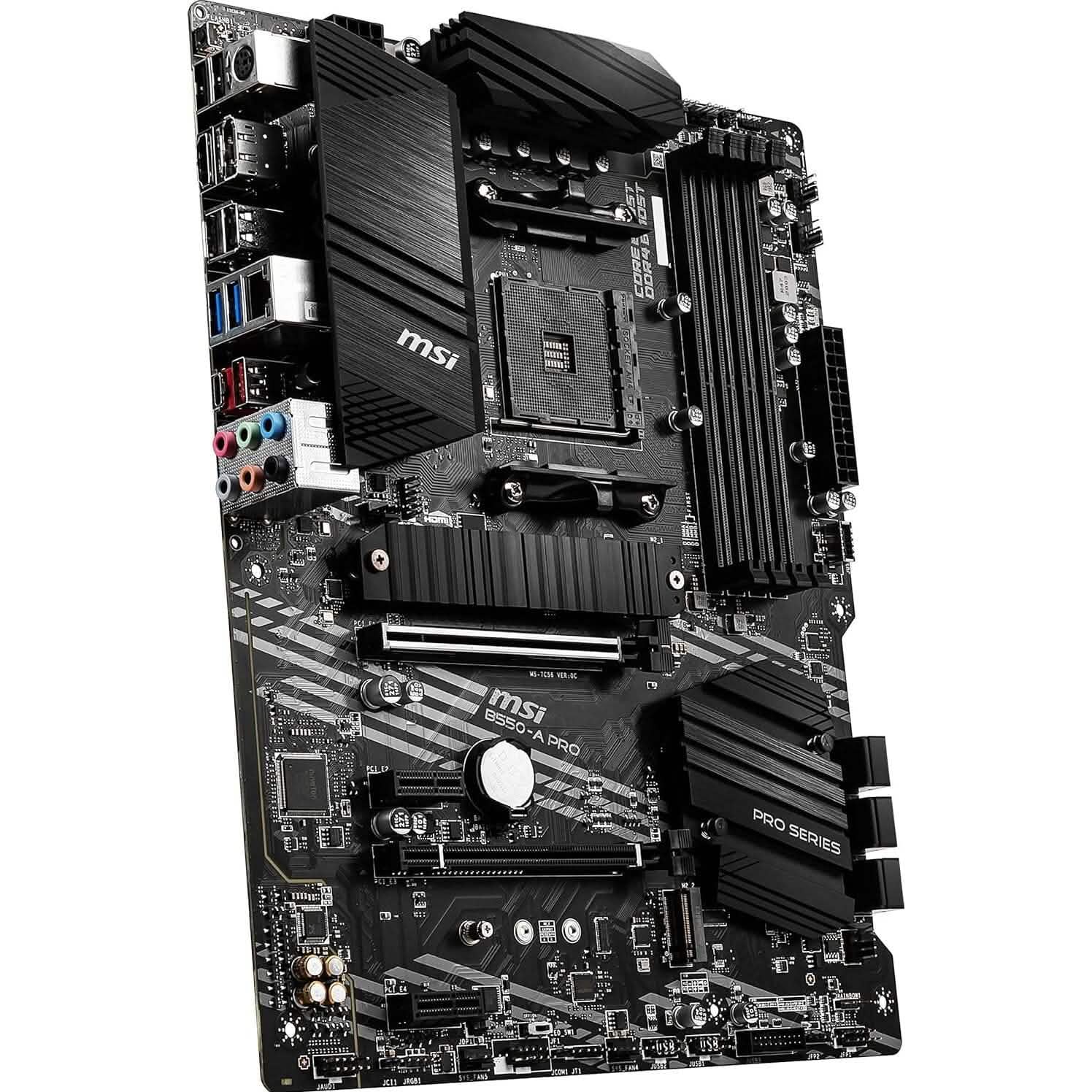 MSI B550-A PRO motherboard I/O side with colored audio ports and HDMI/DP connectors