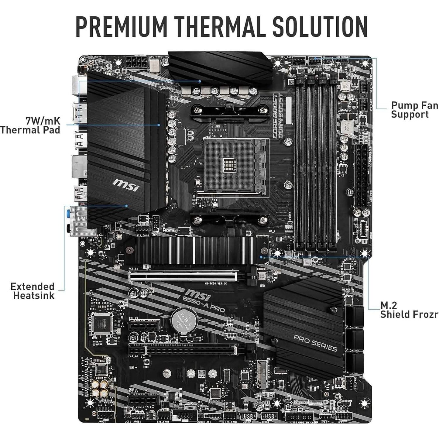 MSI B550-A PRO motherboard with extended heatsink and M.2 shield on black PCB
