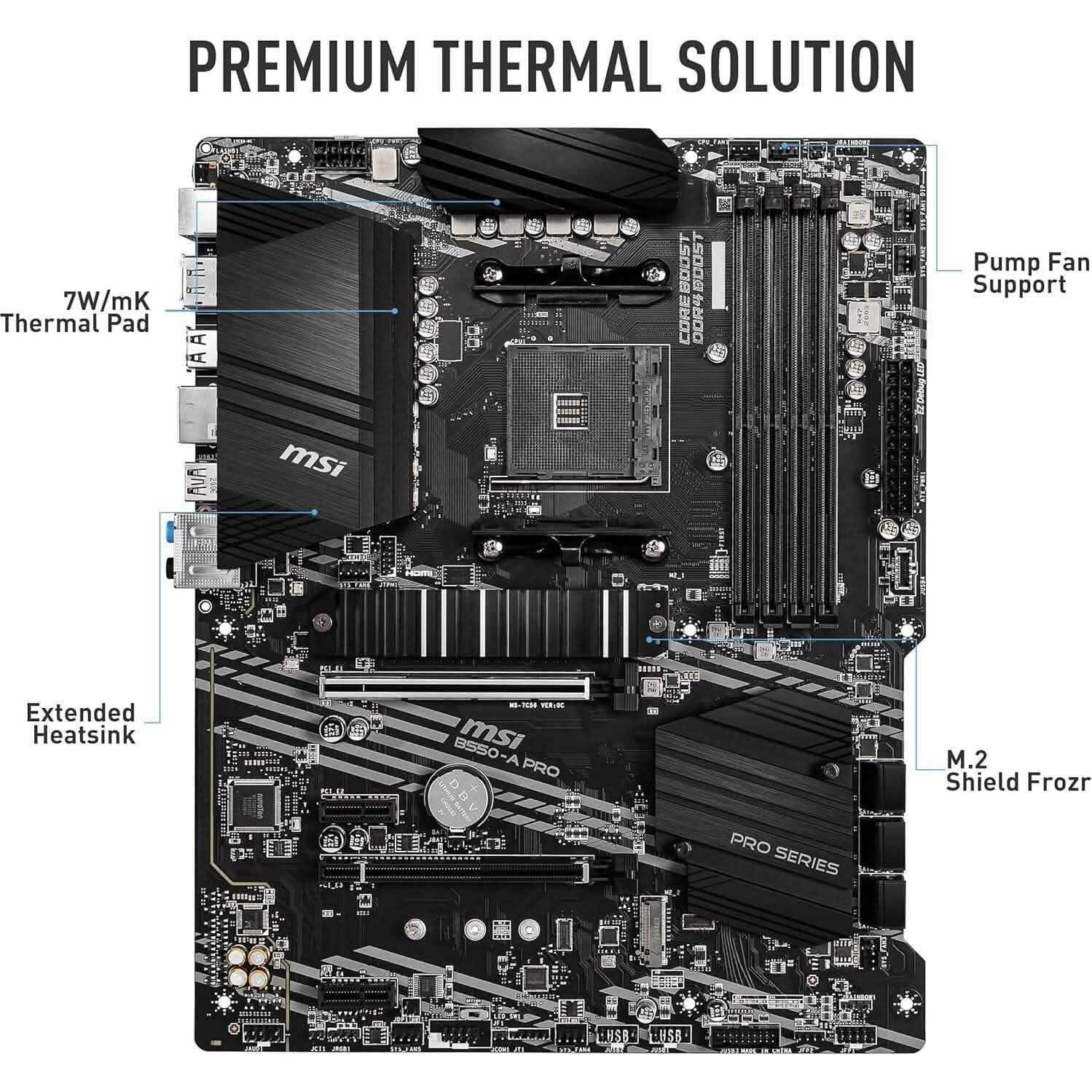 MSI B550-A PRO motherboard with extended heatsink and M.2 shield on black PCB