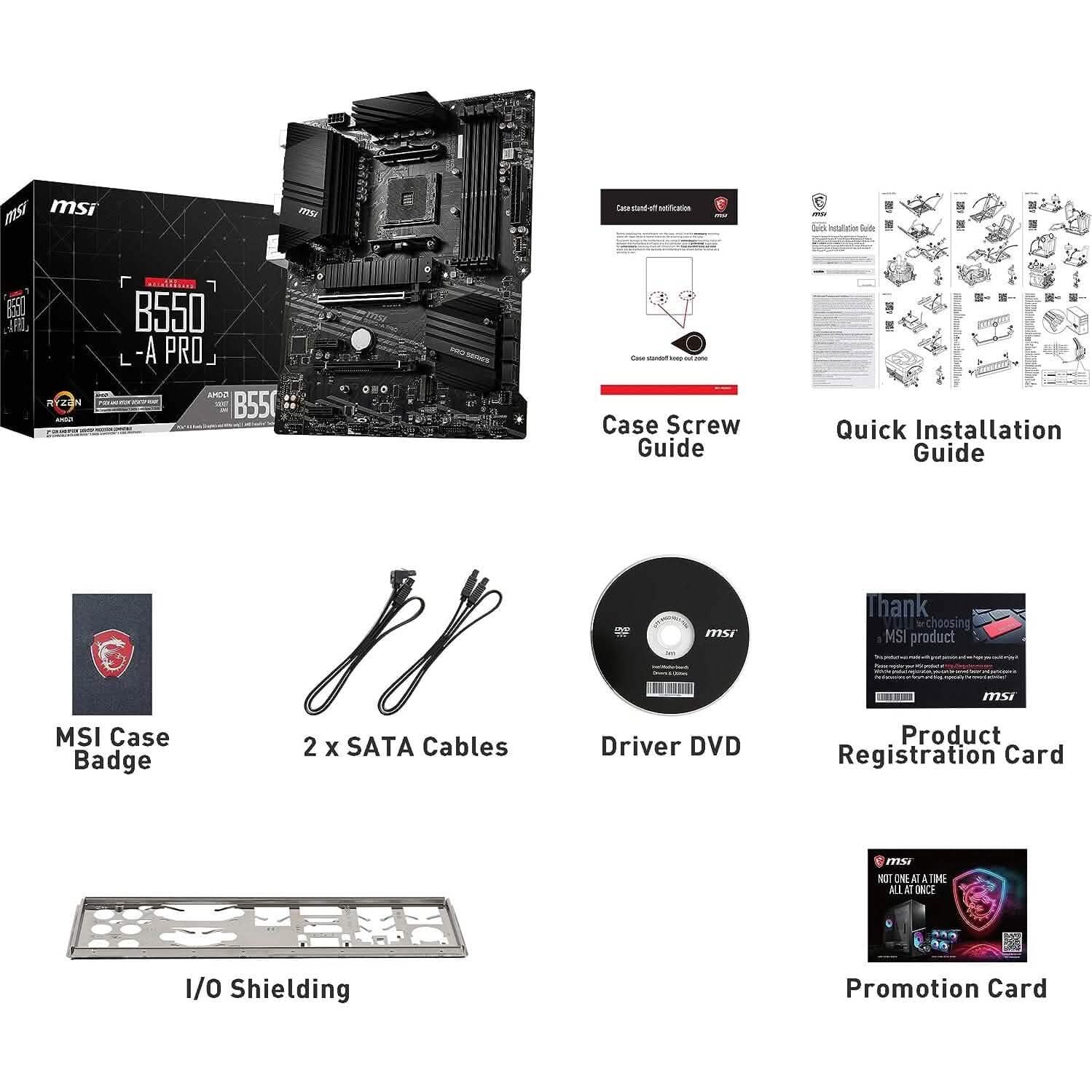 MSI B550-A PRO motherboard kit with retail box, cables, and installation guide items
