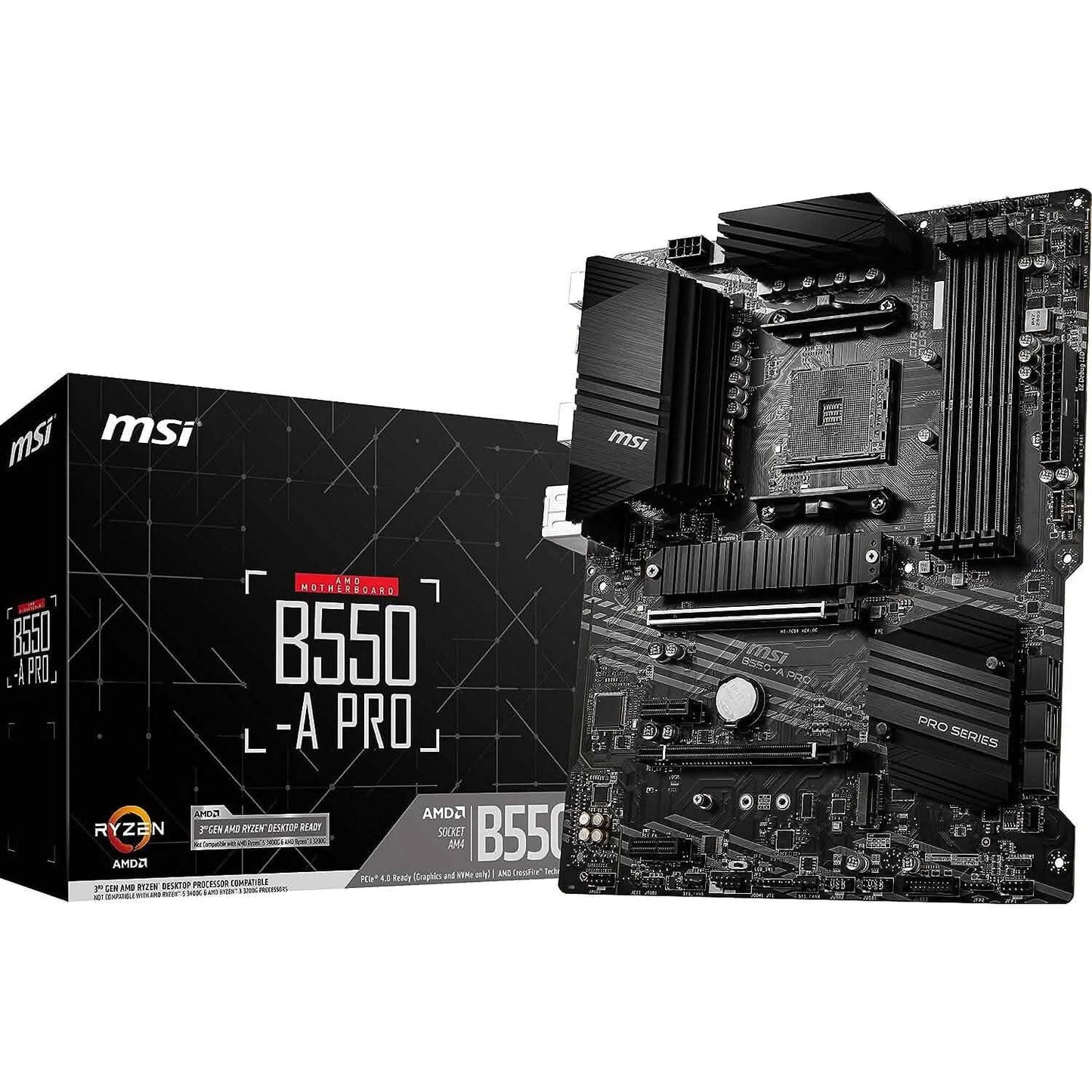 MSI B550-A PRO ATX motherboard with black PCB and large black heatsinks