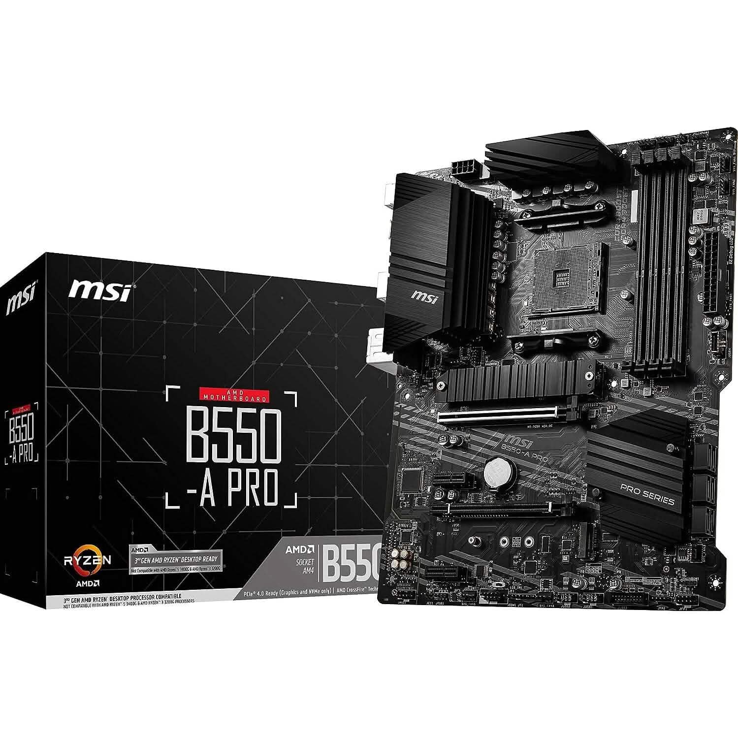 MSI B550-A PRO ATX motherboard with black PCB and large black heatsinks