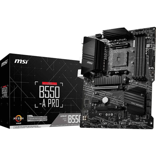MSI B550-A PRO ATX motherboard with black PCB and large black heatsinks