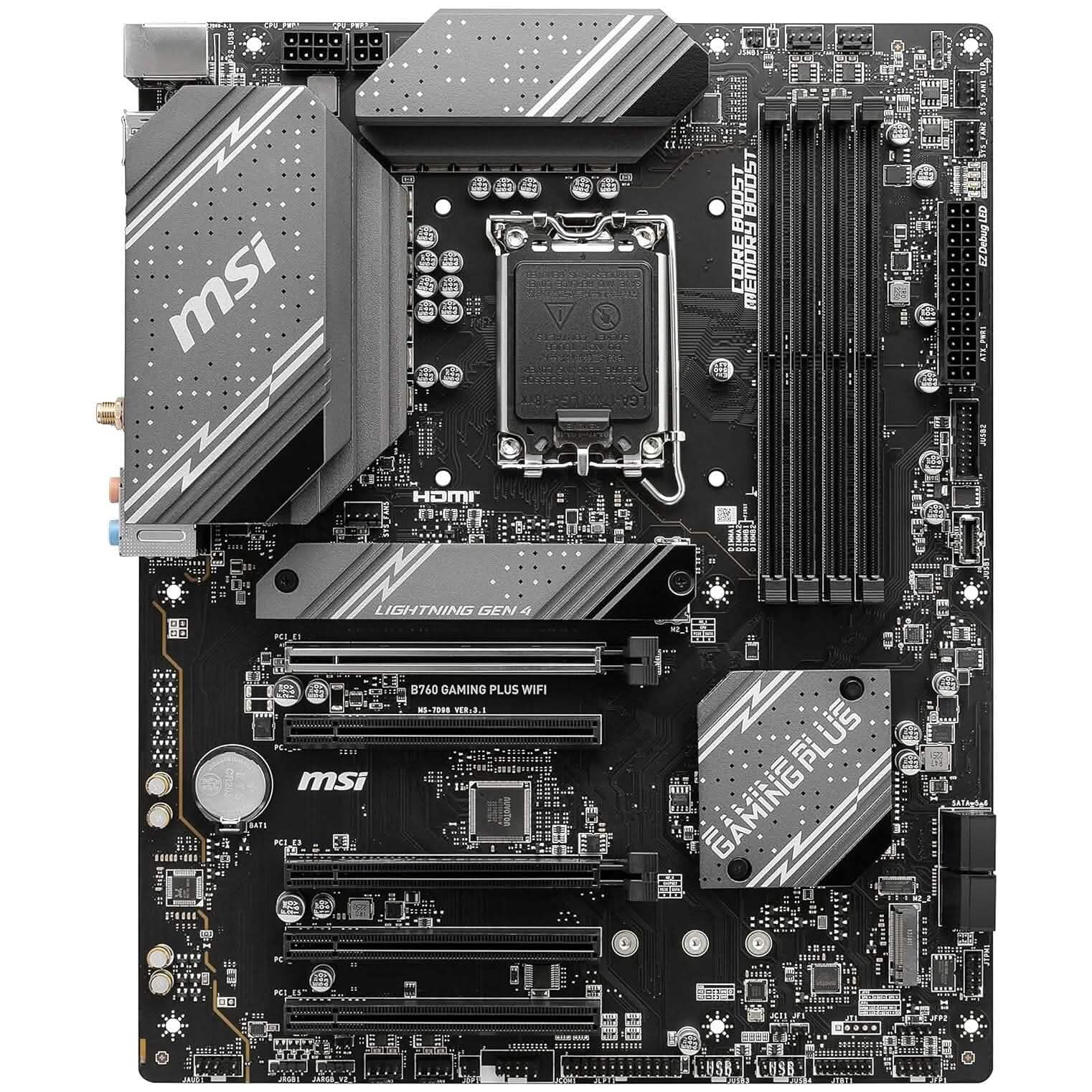 MSI B760 gaming plus WiFi motherboard, black PCB with CPU socket and heatsinks