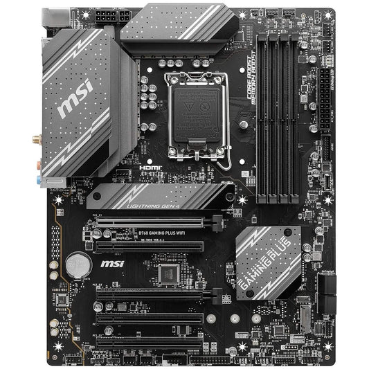 MSI B760 gaming plus WiFi motherboard, black PCB with CPU socket and heatsinks