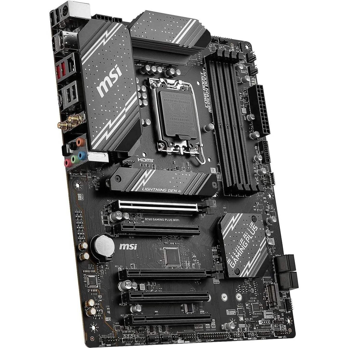 MSI B760 gaming plus WiFi motherboard, angled view with CPU socket and I/O area