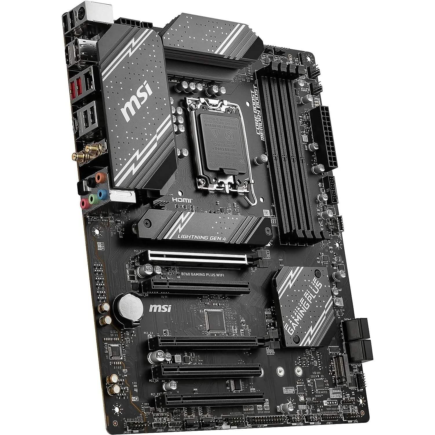 MSI B760 gaming plus WiFi motherboard, angled view with CPU socket and I/O area