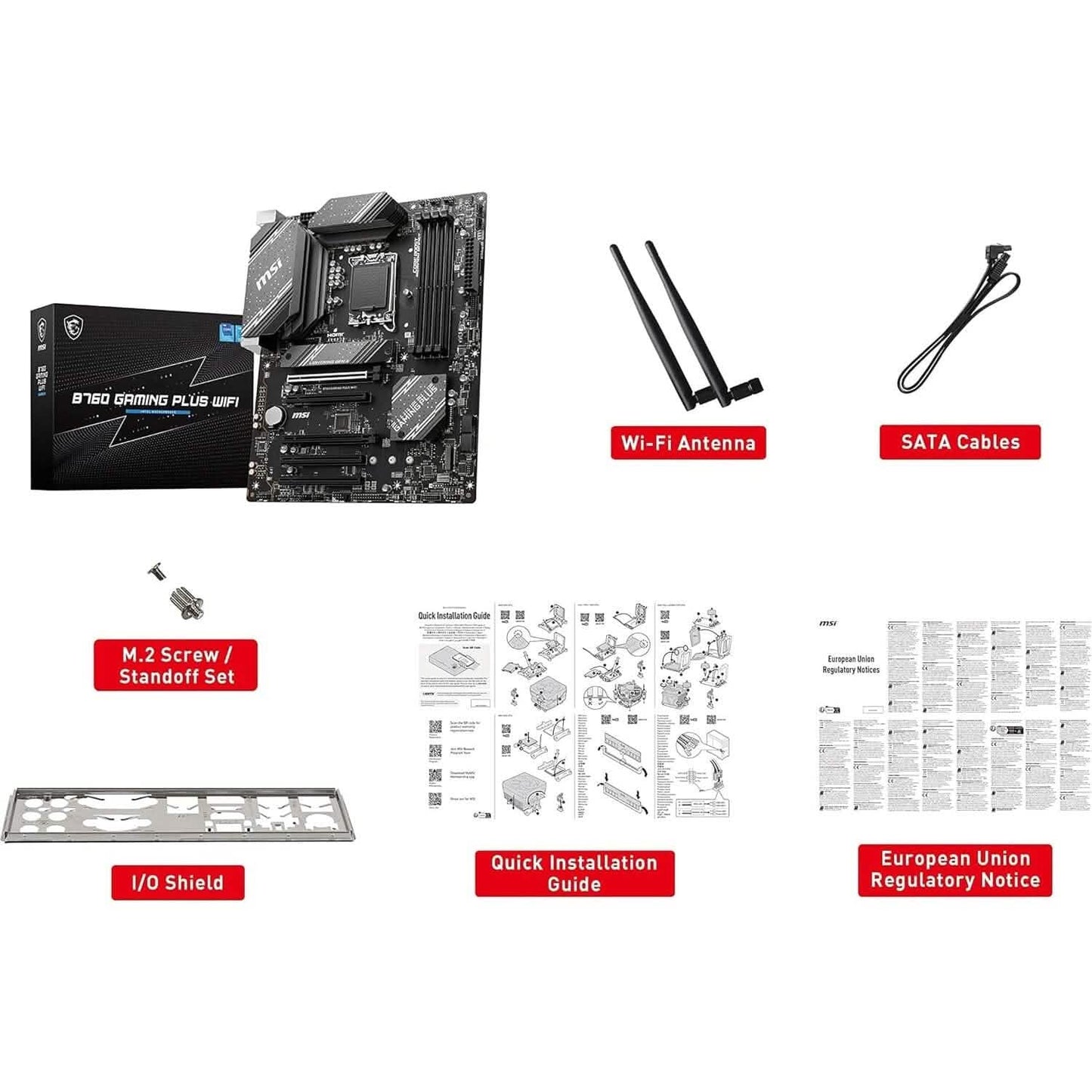 MSI B760 motherboard kit with retail box, Wi-Fi antenna, SATA cables, and I/O shield
