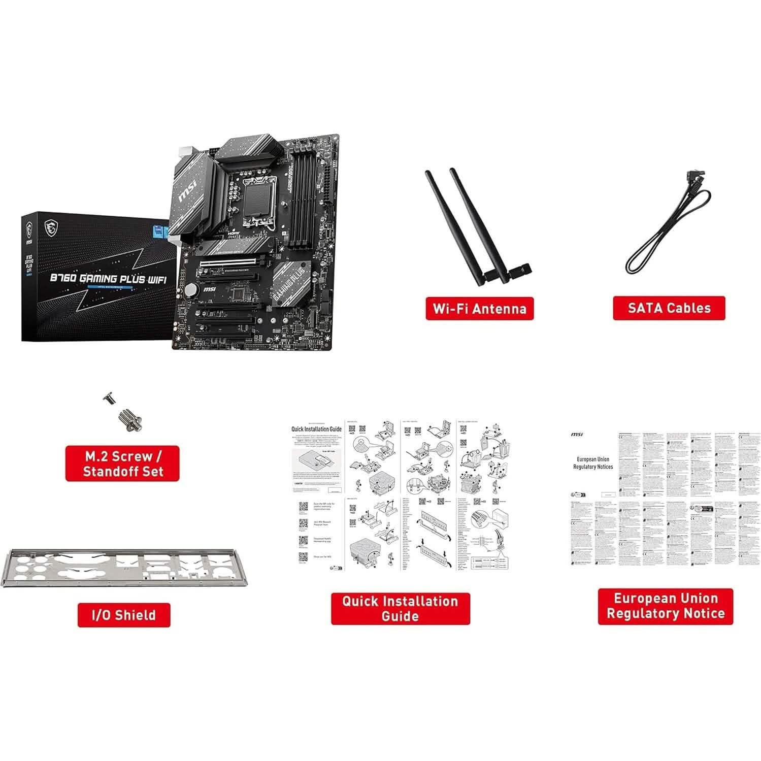 MSI B760 motherboard kit with retail box, Wi-Fi antenna, SATA cables, and I/O shield